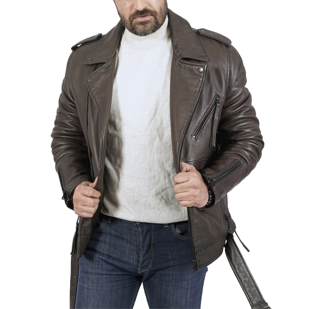 A man wearing a comfortable black leather jacket.