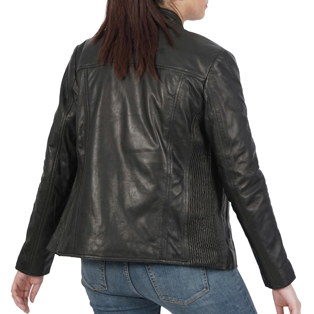 A back view of women wearing Sylvia Biker Black Leather Jacket