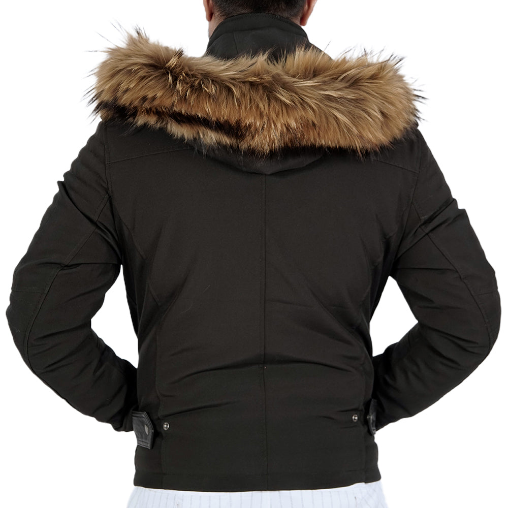 Rear view of a man in a black jacket with a faux fur collar, adding style and warmth