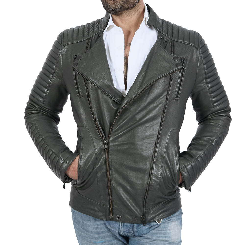 A man sporting a quilted black leather jacket.