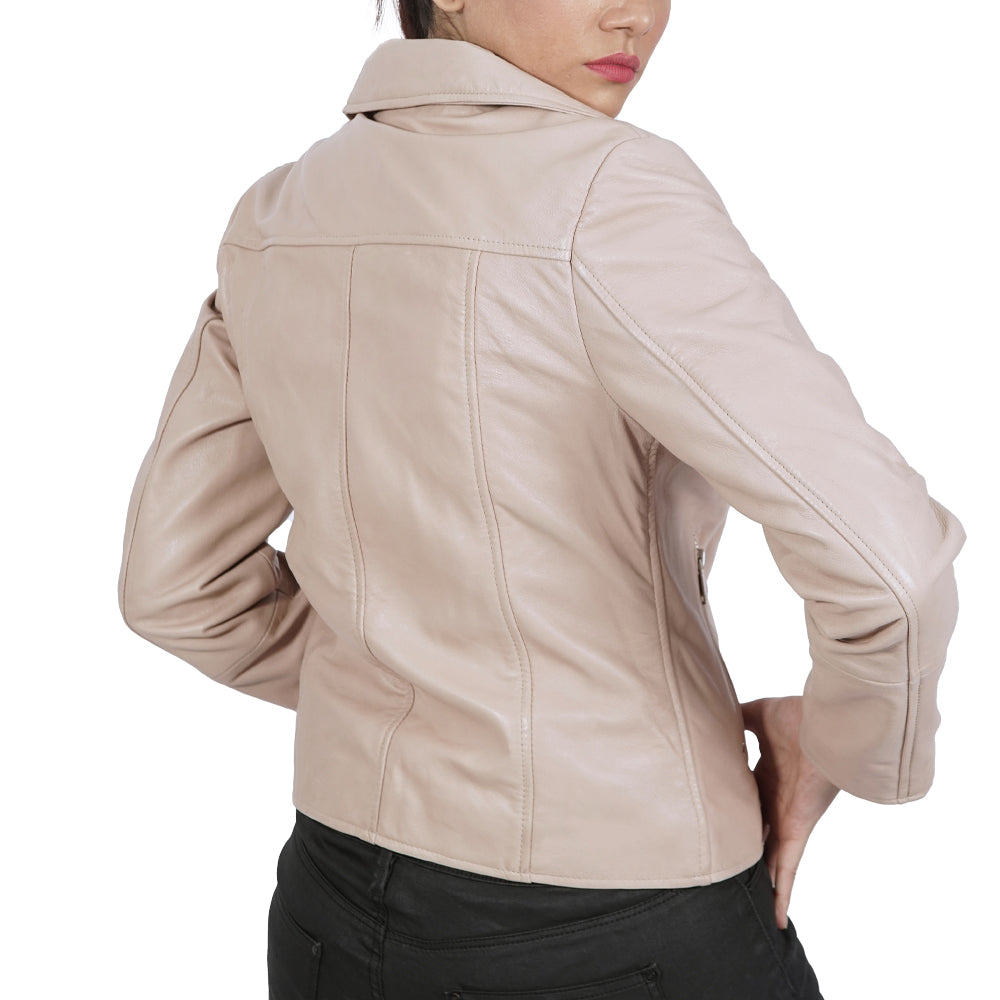 The Janet Asymmetric Leather Jacket worn by a women, as seen from the back.
