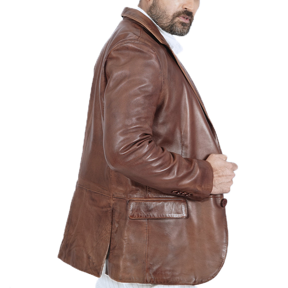 A man showing side view  wearing a brown leather jacket.