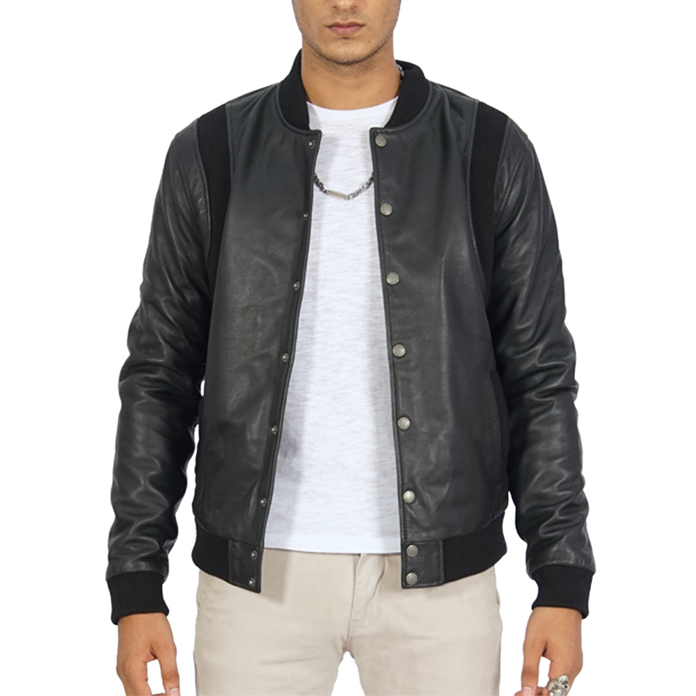 A man showing Charlie Black Leather Bomber Jacket for men