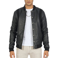 A man showing Charlie Black Leather Bomber Jacket for men