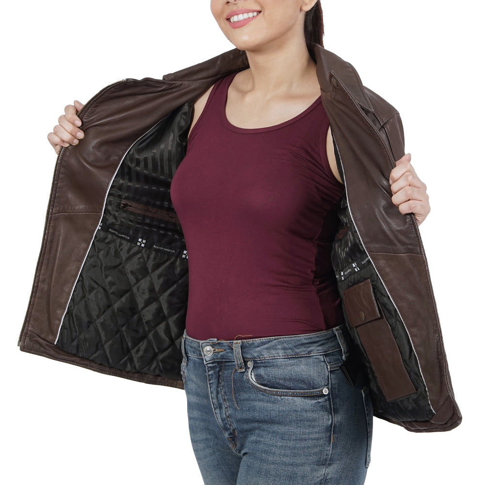 A Women wearing Zipper Brown Leather Jacket