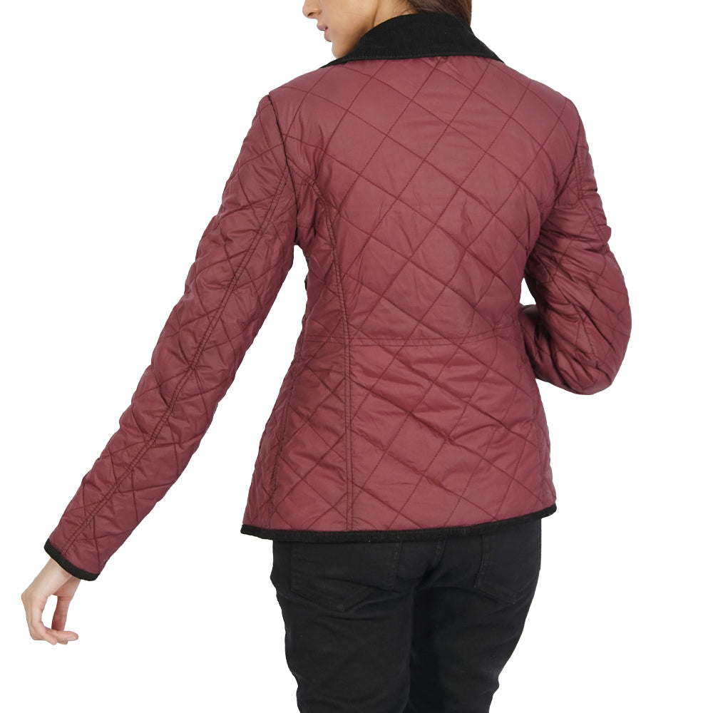 The back view of a woman wearing an Aria Quilted Jacket in red.