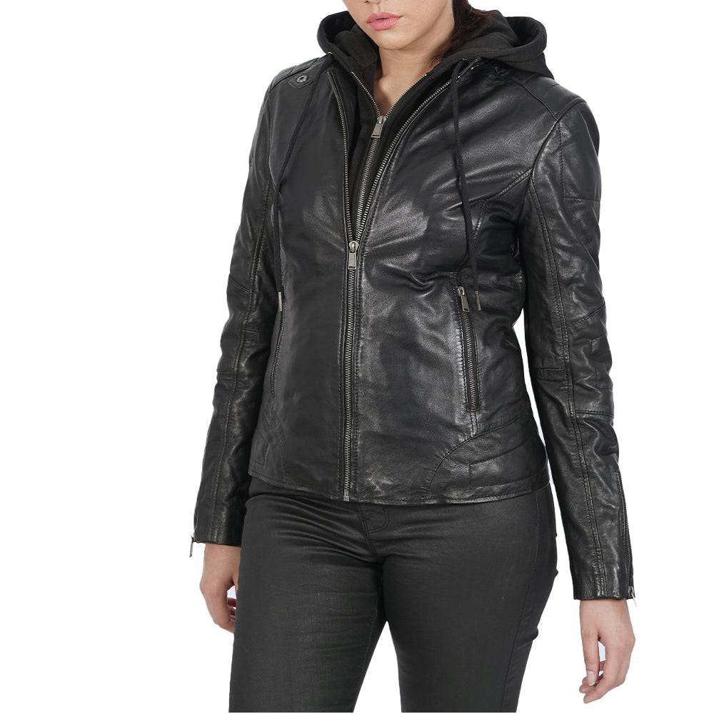 Winter Becky Hooded Black Leather Jacket