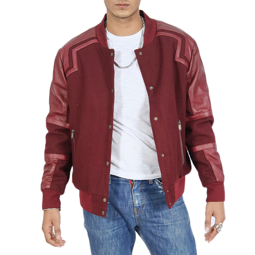 Color Block Varsity Jacket - Burgundy