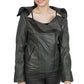 A woman wearing a Janet Asymmetric Black Leather Jacket