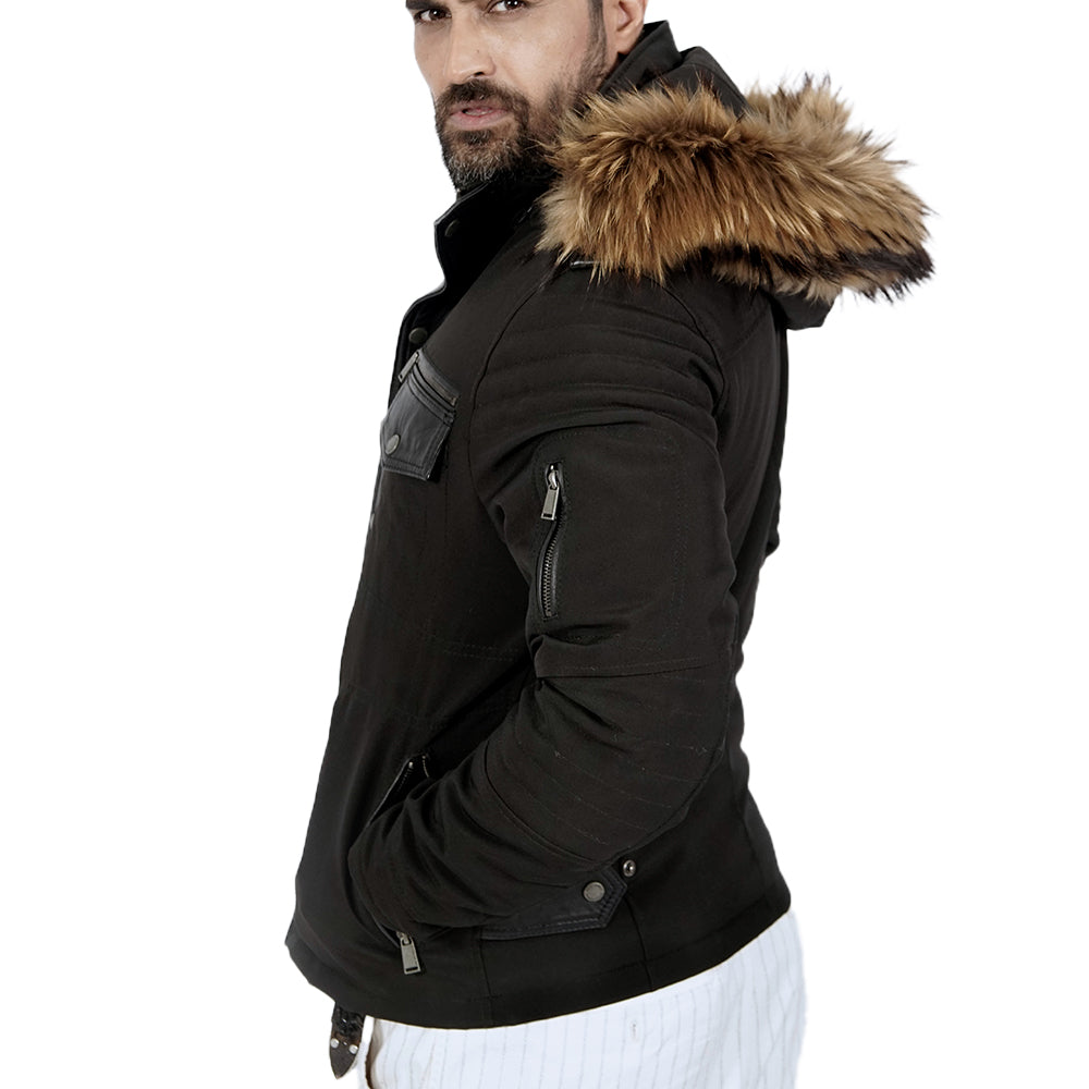 Black jacket with outlet fur hoodie