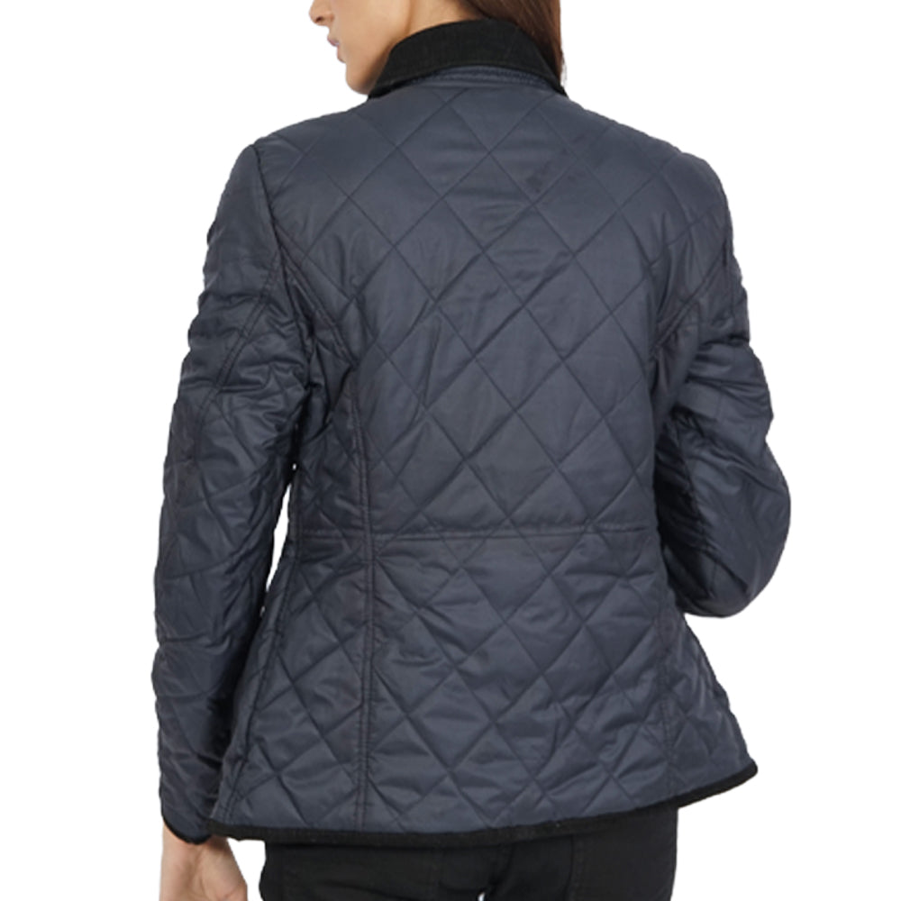 The back view of a woman wearing an  blue quilted jacket.