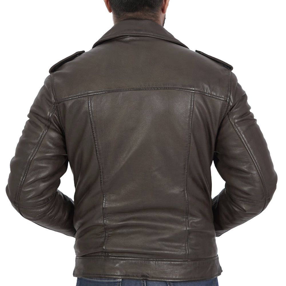The back view of a comfortable black leather jacket.