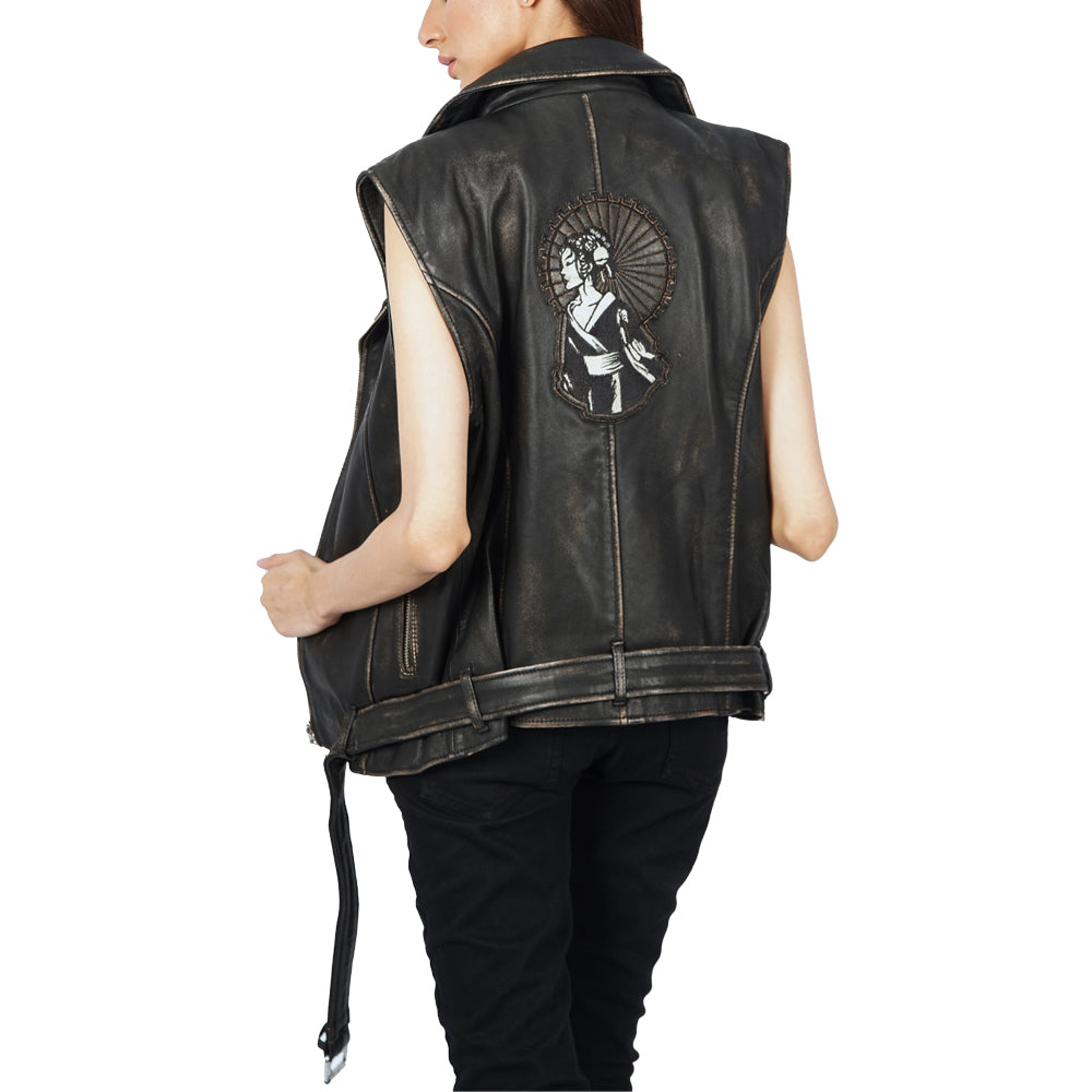 The back view of a woman wearing a Ash black leather vest Jacket.
