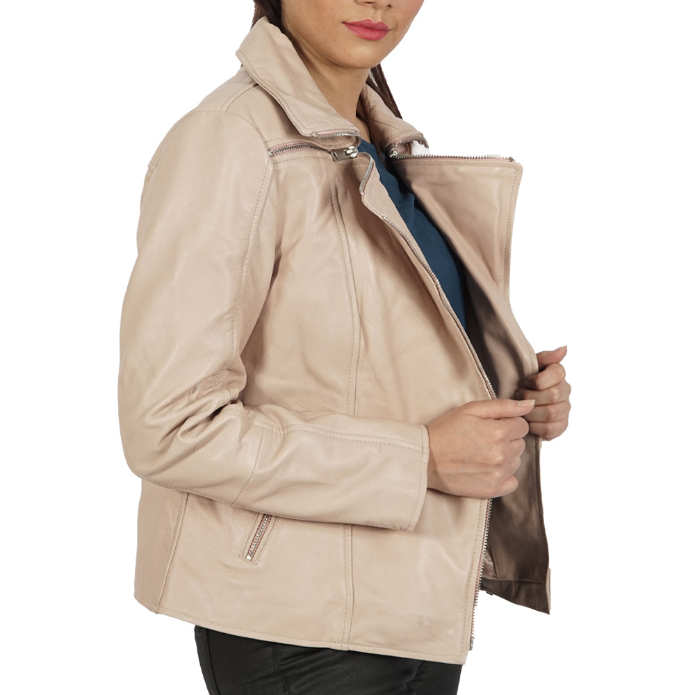 A woman wearing jeans and the Janet Asymmetric Leather Jacket.