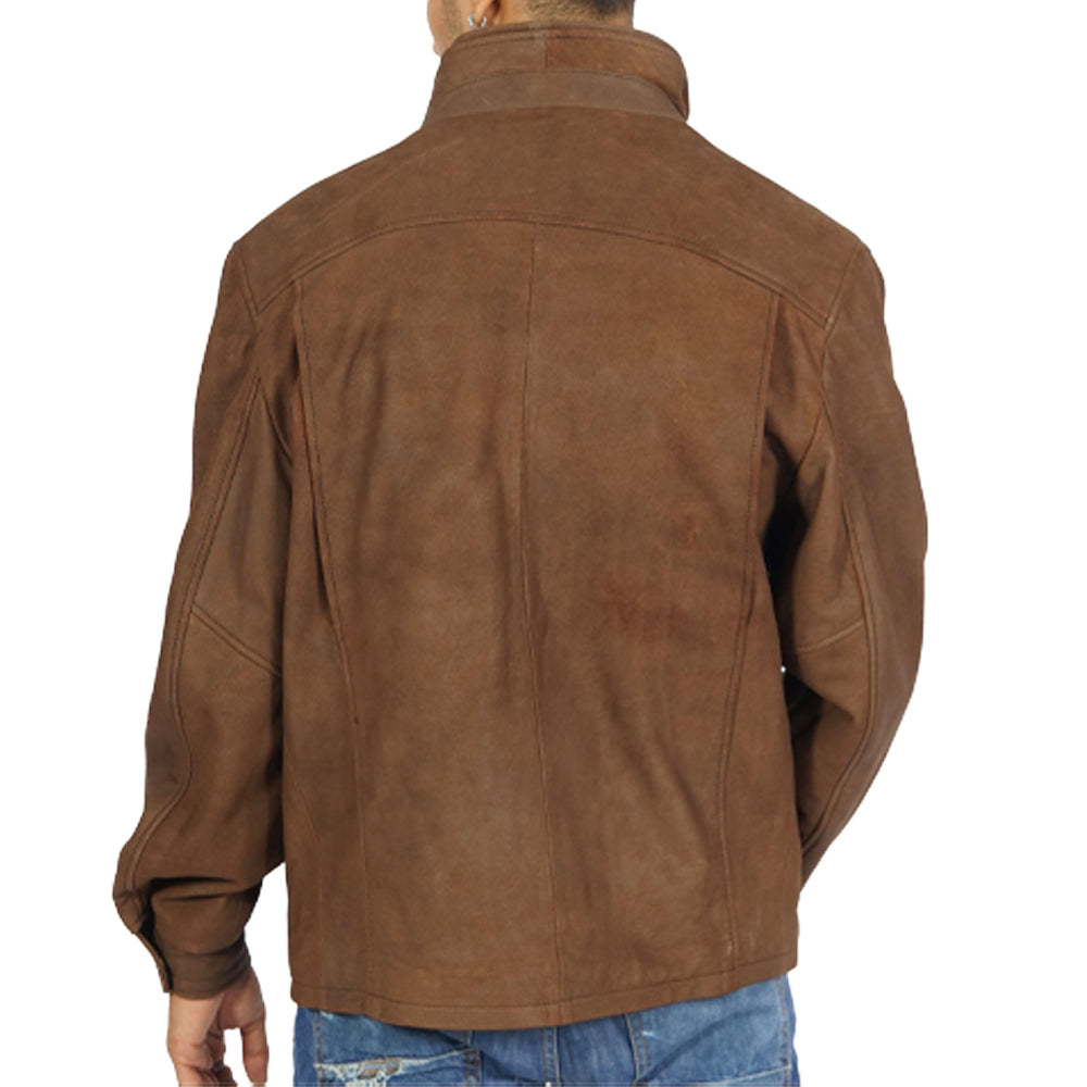 The vintage brown leather jacket worn by a man, as seen from the back.