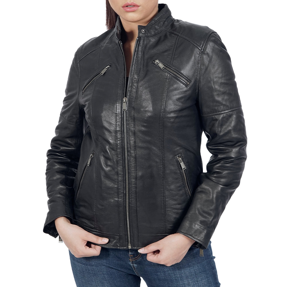 A Women Wearing Miak Biker Black Leather Jacket