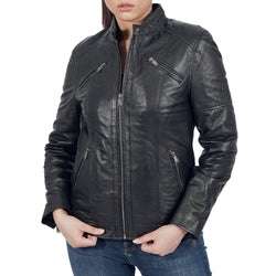 A Women Wearing Miak Biker Black Leather Jacket