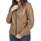 A woman flaunting a brown leather jacket with swag.