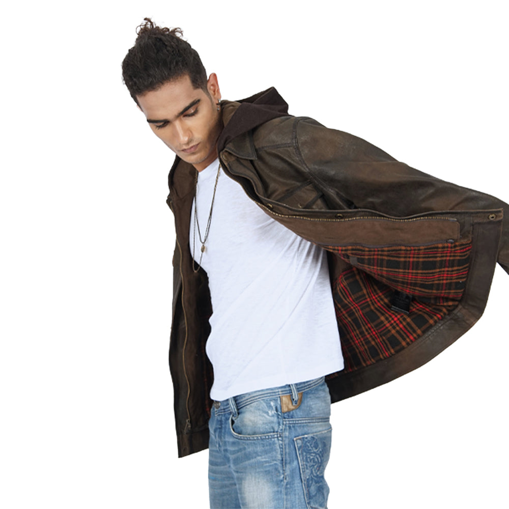 A man wearing a vintage dark brown leather jacket