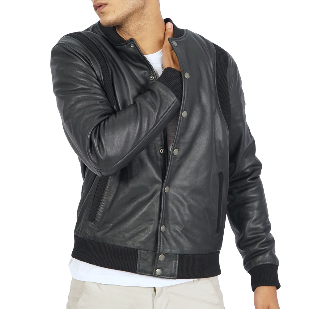 A man showing Charlie Black Leather Bomber Jacket for men
