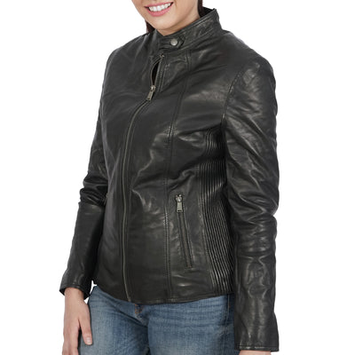 A women wearing Sylvia Biker Black Leather Jacket