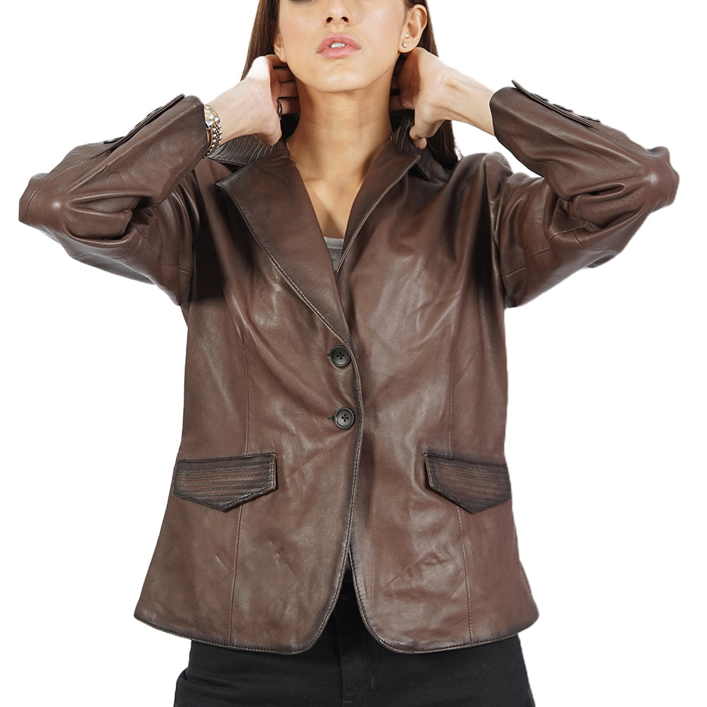 A women wearing a Josie brown leather jacket.
