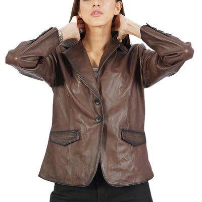 A women wearing a Josie brown leather jacket.