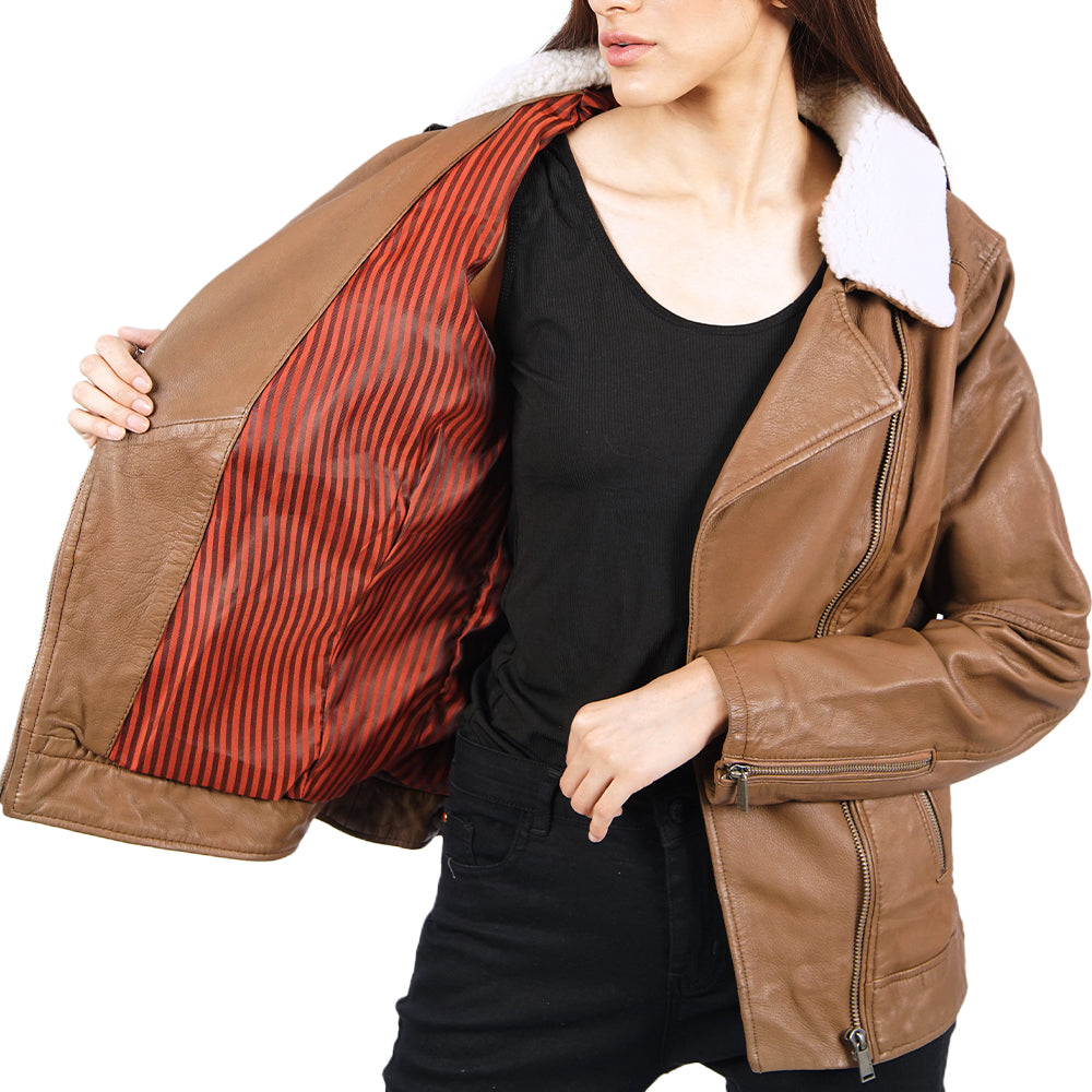Christena Fleece Lined Zip Up Brown Leather Jacket