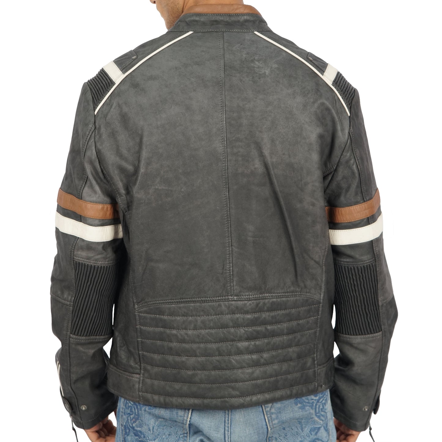 The back view of a man wearing Noah black leather jacket