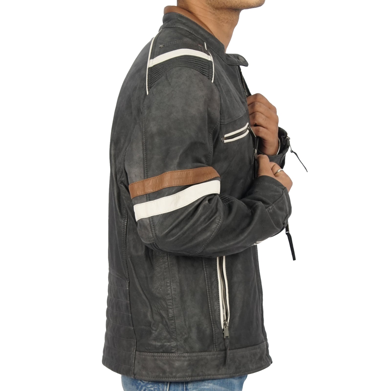 A man wearing black leather jacket